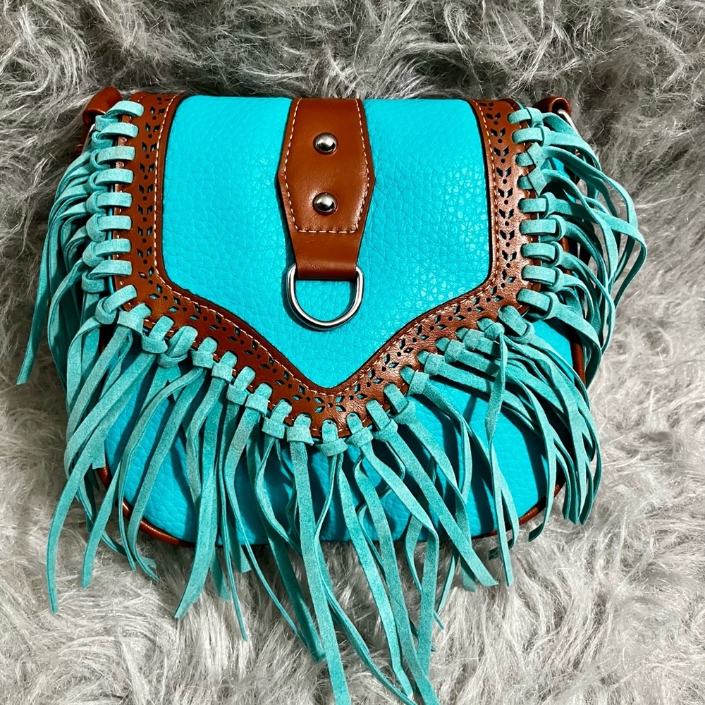 Blue and Brown Crossbody Bag with Fringe and Boho Style